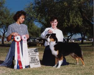 Meeka and Claire winning Best Junior Handler under Judge Pam Lambie at the 1990 ASCAZ Silver Specialty, Goodyear AZ, Nov 1990
