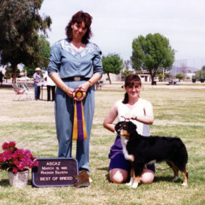 Phoebe winning Best of Breed under ASCA Senior Breeder Judge Rhonda Silvera, at ASCAZ, Phoenix AZ, March 19, 1995
